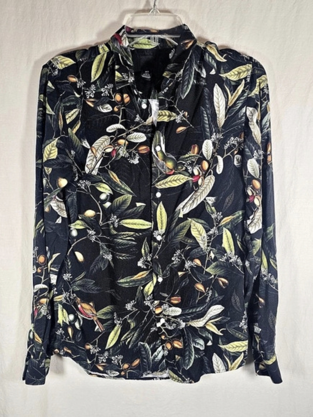 H&M Black Botanical Bird Print Button Down Shirt S